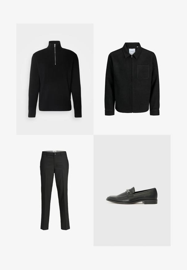 Crna jakna na zip s ovratnikom i jednim džepom na prsima, prikazana na bijeloj pozadini.; Lindbergh HALF ZIP - Vesta - black; Crne hlače, krojene u prilagodljivom fitu, glatka tkanina, srednji struk, prednje kopčanje na dugme, dijagonalni džepovi i pregibi duž nogu.; Crna kožna loafer cipela s glatkom finišem, s ušivenim uzorkom i dekorativnim metalnim lancem preko prednjeg dijela. Ravni potplat.