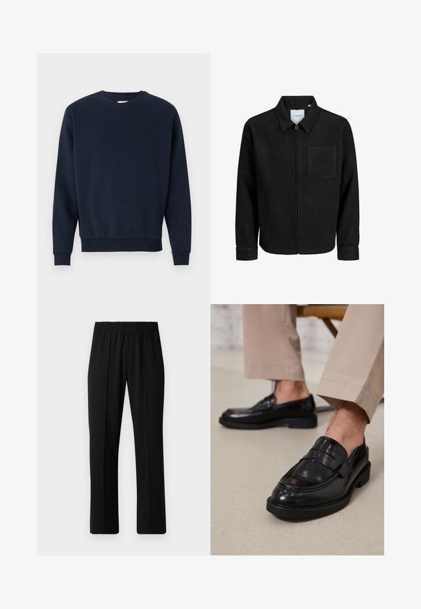 Giacca nera con zip, colletto e una tasca sul petto, mostrata su sfondo bianco.; Felpa in cotone blu navy con collo a giro, maniche lunghe e polsini e orlo a coste. Texture liscia, design minimale, senza loghi visibili.; Pantaloni neri con vita elasticizzata e design a gamba dritta, caratterizzati da una texture liscia e senza motivi o hardware visibili.; Mocassini in pelle nera con finitura liscia, dotati di una cintura decorativa e cuciture a contrasto, abbinati a pantaloni beige.