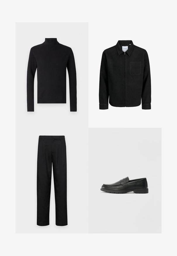 Black zip-up jacket with collar and single chest pocket, displayed on white background.; Black turtleneck sweater featuring ribbed texture, long sleeves, and a fitted silhouette. Simple design with no visible patterns or accents.; Black trousers made of smooth fabric, featuring a straight-leg design, two front pleats, and standard waistband with belt loops.; Black leather loafers with a smooth finish, moccasin-style upper, stitched detailing, and a rubber sole. Classic design with a low heel.