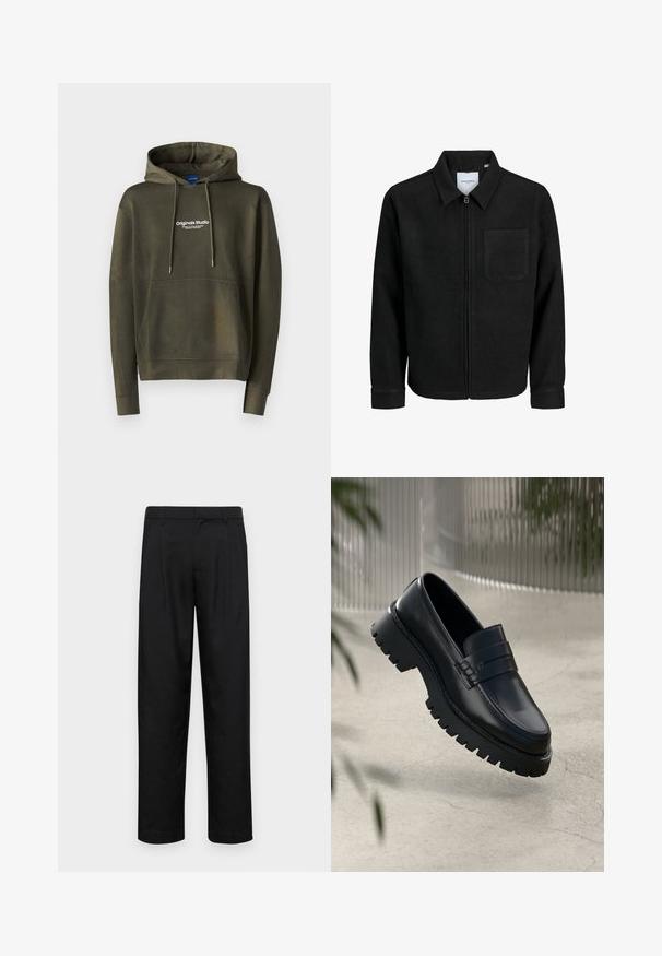 Sort lynlåsjakke med krave og en enkelt brystlomme, vist på hvid baggrund.; Jack & Jones JORVESTERBRO - Hættetrøje - khaki; Sorte bukser lavet af glat stof, med et lige ben-design, to frontfolder og en standard talje med bæltestropper.; Sorte læder loafers med en chunky sål, der har en dekorativ rem og syninger. Glat tekstur med en poleret overflade.