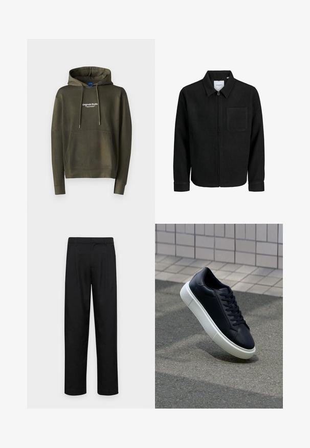 Zwarte zip-up jas met kraag en enkele borstzak, weergegeven op een witte achtergrond.; Jack & Jones JORVESTERBRO - Hoodie - khaki; Zwarte broeken van gladde stof, met een recht model, twee voorknikken en een standaard tailleband met riemlussen.; Zwarte leren sneaker met een ronde neus en een witte rubberen zool. Voorzien van platte veters en minimale stiksels op het bovenwerk. Textuurrijke zool voor grip.