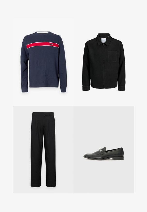 Crna jakna na zip s ovratnikom i jednim džepom na prsima, prikazana na bijeloj pozadini.; Mornarsko plava majica dugih rukava s rebrastom teksturom, s vodoravnom crvenom prugom i bijelim detaljima preko prsa, s logotipom.; Crne hlače od glatkog materijala, s dizajnom ravnih nogavica, dva prednja nabora i standardnim pojasom s petljama za remen.; Crna kožna loafer cipela s glatkom finišem, s ušivenim uzorkom i dekorativnim metalnim lancem preko prednjeg dijela. Ravni potplat.