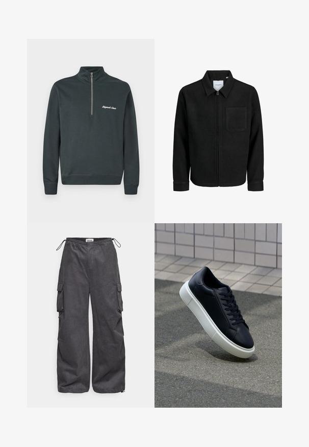 Černá zipová bunda s límečkem a jednou kapsou na hrudi, vystavená na bílém pozadí.; Tmavě šedá mikina s vysokým límcem a polo zipem. Na levém prsu je bílé vyšívané heslo "Originals Studio".; Šedé cargo kalhoty s texturovanou tkaninou, elastickým pasem, šňůrkou a podrobnostmi na bočních kapsách. Volný střih s širokými nohavicemi.; Černé kožené tenisky s kulatou špičkou a bílou gumovou podrážkou. mají ploché tkaničky a minimální šití na svršku. Texturovaná podrážka pro lepší přilnavost.