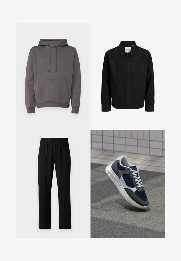Schwarze Zip-Jacke mit Kragen und einer einzelnen Brusttasche, auf weißem Hintergrund präsentiert.; Grauer Hoodie aus weichem Material, ausgestattet mit einer Kängurutasche, einer verstellbaren Kapuze mit Kordelzug sowie gerippten Bündchen und Saum.; Schwarze, Gummibund-Hosen mit geradem Schnitt, die eine glatte Textur aufweisen und keine sichtbaren Muster oder Beschläge haben.; Sneaker mit einem Obermaterial aus navyblauem Mesh, grauen Wildlederelementen, einer weißen Gummisohle und flachen weißen Schnürsenkeln, entworfen für Komfort und Atmungsaktivität.