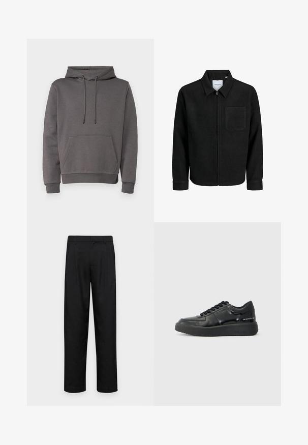 Veste zippée noire avec col et poche poitrine unique, présentée sur fond blanc.; Hoodie gris en matière douce, doté d'une poche kangourou, d'une capuche avec cordon de serrage ajustable, et de poignets et d'un ourlet côtelés.; Pantalons noirs en tissu lisse, avec une coupe droite, deux plis avant et une taille standard avec passants de ceinture.; Sneakers en cuir noir avec une finition lisse, bout rond et semelle en caoutchouc noir contrastante. Comprend des lacets plats et un logo sur le côté.