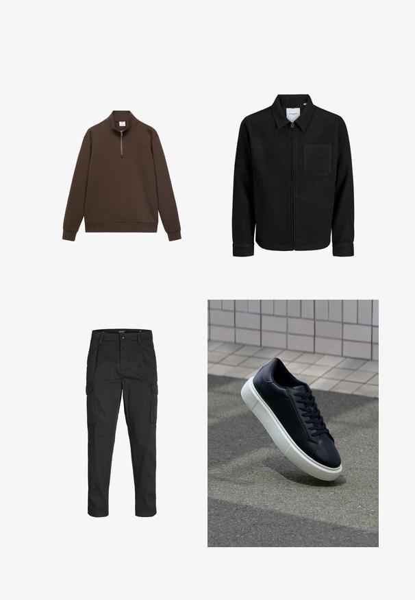 Giacca nera con zip, colletto e una tasca sul petto, mostrata su sfondo bianco.; Felpa marrone con colletto alto e zip a un quarto. Realizzata in materiale morbido, presenta maniche lunghe e una vestibilità comoda.; Pantaloni cargo neri realizzati in un tessuto resistente, dotati di molteplici tasche, chiusura con bottone e un design aderente con gambe affusolate.; Sneaker in pelle nera con punta arrotondata e suola in gomma bianca. Presenta lacci piatti e cuciture minime sulla parte superiore. Suola testurizzata per una migliore aderenza.