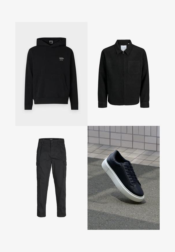 Czarna kurtka z zamkiem na całej długości, z kołnierzem i jedną kieszenią na piersi, umieszczona na białym tle.; Czarna bluza z kapturem wykonana z miękkiego materiału, z przednią kieszenią i regulowanym kapturem. Posiada małe białe logo na klatce piersiowej.; Czarne spodnie cargo wykonane z wytrzymałego materiału, z wieloma kieszeniami, zapięciem na guzik oraz zwężanym krojem nogawek.; Czarne skórzane sneakersy z okrągłym noskiem i białą gumową podeszwą. Posiadają płaskie sznurowadła i minimalne przeszycia na cholewce. Teksturowana podeszwa zapewnia przyczepność.