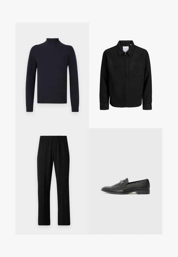 Black zip-up jacket with collar and single chest pocket, displayed on white background.; Navy blue turtleneck sweater made of ribbed knit material, featuring long sleeves and fitted cuffs with a clean, simple design.; Black, elastic-waist trousers with a straight-leg design, featuring a smooth texture and no visible patterns or hardware.; Black leather loafer with a smooth finish, featuring a stitched design and a decorative metal chain accent across the vamp. Flat heel.