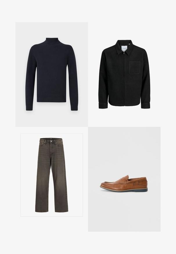 Crna jakna na zip s ovratnikom i jednim džepom na prsima, prikazana na bijeloj pozadini.; Mornarsko plava rolka od rebrastog pletenog materijala, s dugim rukavima i uskim manžetama, s čistim i jednostavnim dizajnom.; Široke traperice u tamnosivom denimu, s visokim strukom, klasičnim dizajnom s pet džepova i kontrastnim šavovima duž šavova.; Smeđe kožne mokasine s okruglim vrhom, šivanim detaljima i niskim gumenim potplatom. Dizajn sadrži trakicu preko gornjeg dijela.