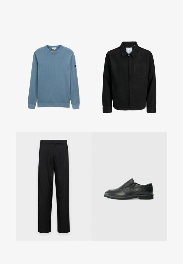 Melna jaka ar rāvējslēdzēju un apkakli, vienu krūšu kabatu, parādīta uz baltas fona.; Zils džemperis ar garām piedurknēm, izgatavots no mīksta kokvilnas auduma, ar ribotām apkakli un piedurknēm, kā arī diskretu logotipa plāksteri uz piedurknes.; Melnas bikses, izgatavotas no gludas auduma, ar taisnu kāju dizainu, divām priekšējām krokām un standarta jostu, kurai ir āķi.; Melnas ādas slip-on kurpes ar gludu augšdaļu, izšūtām akcentiem, noapaļotu purngala daļu un zemu gumijas papēdi. Zole ar minimālu rakstu.