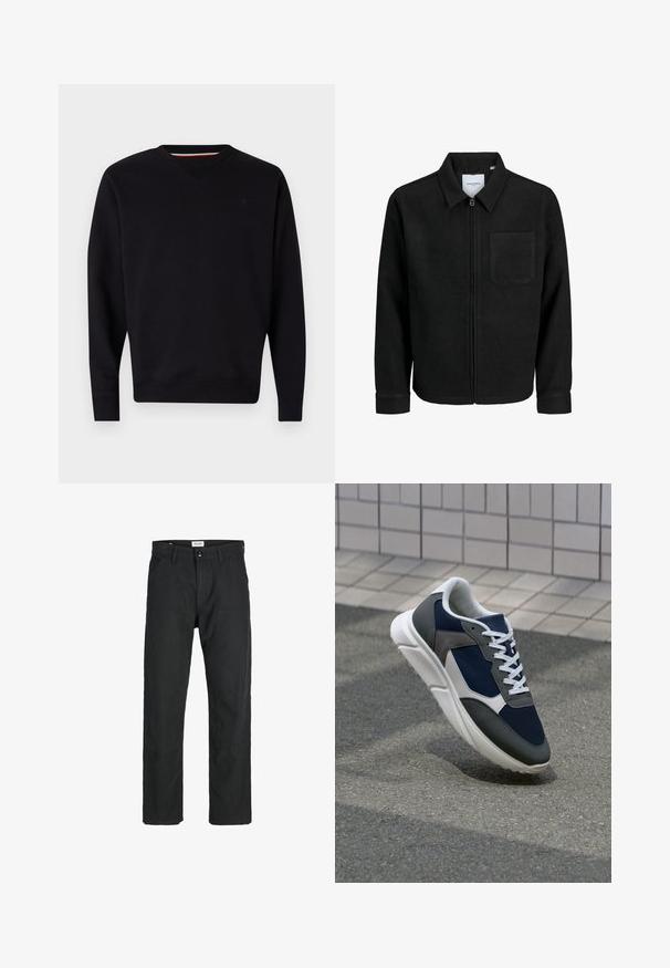 Melna jaka ar rāvējslēdzēju un apkakli, vienu krūšu kabatu, parādīta uz baltas fona.; Replay Ikdienas džemperis - black; Melnas bikses no izturīga auduma, ar taisna griezuma dizainu, izšūtām akcentiem un divām priekšējām kabatām funkcionālitātei.; Sporta apavi ar tumši zilas krāsas tīkla augšdaļu, pelēku zamšādas akcentiem, baltu gumijas zoli un plakaniem baltiem šņorēm, kas izstrādāti komfortam un elpojamībai.