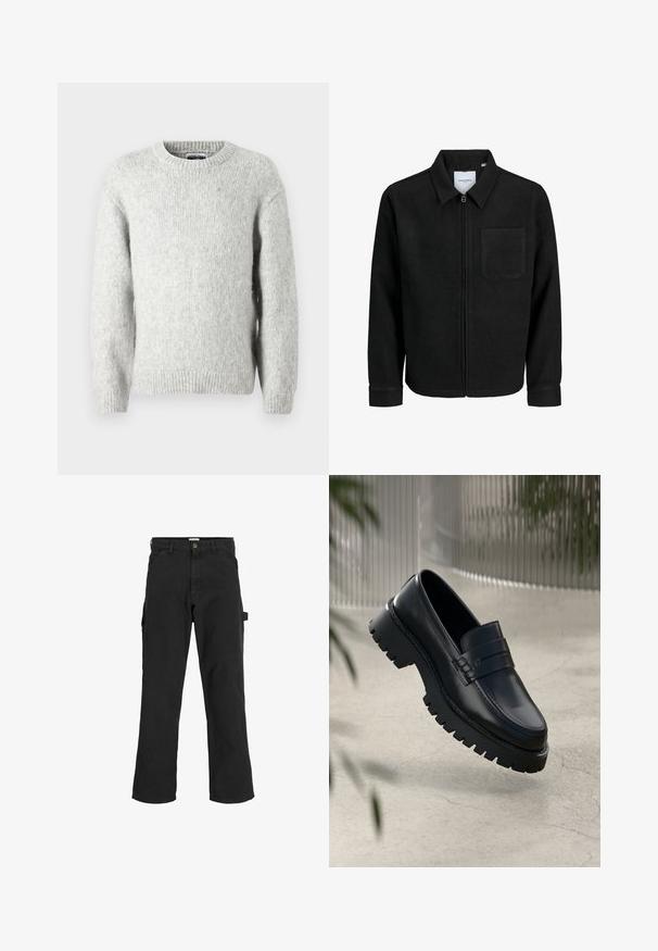 Veste zippée noire avec col et poche poitrine unique, présentée sur fond blanc.; Jack & Jones JCOREFLEX FUZZY CREW NECK - Pullover - light grey melange; Pantalons cargo noirs en tissu mélangé de coton. Caractéristiques : jambes larges, poches obliques à l'avant et une poche latérale avec une boucle pour accessoires.; Mocassins en cuir noir avec une semelle à crampons épaisse, dotés d'une sangle décorative et de détails de couture. Texture lisse avec une finition polie.