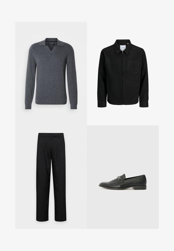 Black zip-up jacket with collar and single chest pocket, displayed on white background.; Gray knit sweater with a V-neck and a pointed collar. Long sleeves, soft texture, and a subtle logo on the chest.; Black trousers made of smooth fabric, featuring a straight-leg design, two front pleats, and standard waistband with belt loops.; Black leather loafer with a smooth finish, featuring a stitched design and a decorative metal chain accent across the vamp. Flat heel.