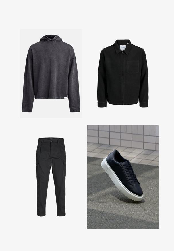 Black zip-up jacket with collar and single chest pocket, displayed on white background.; Black cropped hoodie made of soft, textured fabric. Features a drawstring hood, long sleeves, and visible stitching along the edges.; Black cargo pants made of sturdy fabric, featuring multiple pockets, a button closure, and a slim fit design with tapered legs.; Black leather sneaker with rounded toe and white rubber sole. Features flat laces and minimal stitching on the upper. Textured sole for grip.