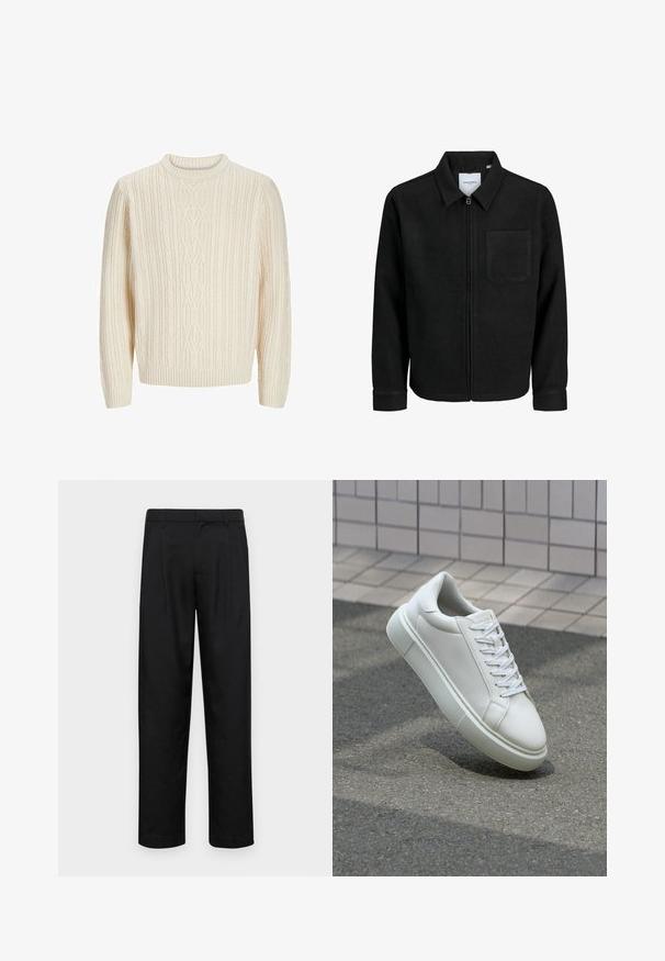 Black zip-up jacket with collar and single chest pocket, displayed on white background.; Cream-colored knitted sweater featuring a textured rib pattern, round neckline, and ribbed cuffs and hem. Soft, thick fabric.; Black trousers made of smooth fabric, featuring a straight-leg design, two front pleats, and standard waistband with belt loops.; White leather sneaker with a smooth surface, round toe, and flat white laces. Features a textured rubber sole and minimal design elements.