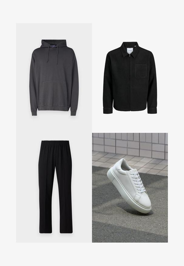 Veste zippée noire avec col et poche poitrine unique, présentée sur fond blanc.; Un hoodie gris en tissu doux, avec une grande poche kangourou à l'avant, une capuche avec des cordons de serrage, et des poignets et un ourlet côtelés.; Pantalons noirs à taille élastique avec une coupe droite, présentant une texture lisse et sans motifs ni éléments visibles.; Baskets en cuir blanc avec une surface lisse, bout rond et lacets plats blancs. Présentent une semelle en caoutchouc texturée et des éléments de design minimalistes.