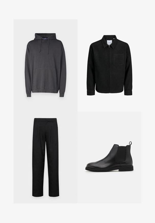 Zwarte zip-up jas met kraag en enkele borstzak, weergegeven op een witte achtergrond.; Grijze hoodie van zachte stof, met een voorzak in kangoeroe stijl, een capuchon met trekkoord en ribbels aan de mouwen en onderkant.; Zwarte broeken van gladde stof, met een recht model, twee voorknikken en een standaard tailleband met riemlussen.; Zwarte leren Chelsea boots met elastische zijpanelen en een trekband. Ronde neus en platte rubberen zool, met een gladde afwerking.