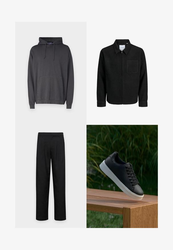 Fekete, zipzáros dzseki gallérral és egyetlen mellzsebbel, fehér háttéren.; Szürke kapucnis pulóver, puha anyagból készült, elülső kenguruzsebbel, húzózsinórral ellátott kapucnival, valamint bordázott mandzsettákkal és alsó szegéllyel.; Fekete nadrág sima anyagból, egyenes szárú fazonnal, két elülső redővel és közönséges derékkal, övhurkokkal.; Fekete bőr sportcipő sima textúrával, fehér gumitalppal és hat lukkal a fűzőknek, amely egy fa felületen van bemutatva.