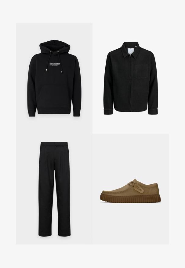 Melna jaka ar rāvējslēdzēju un apkakli, vienu krūšu kabatu, parādīta uz baltas fona.; Melna kapuce, kas izgatavota no kokvilnas maisījuma auduma. Ietver priekšējo kangaroo kabatu, kapuci ar auklu un balto apdrukāto logo uz krūtīm. Standarta izmērs.; Melnas bikses, izgatavotas no gludas auduma, ar taisnu kāju dizainu, divām priekšējām krokām un standarta jostu, kurai ir āķi.; Gai brūni zamša apavi ar noapaļotu purngalu, šuvju detaļām un ribotu brūnu gumijas zoli. Satur sānu uzlīmi ar "Clarks" logotipu.