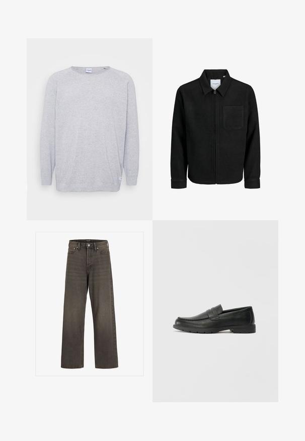 Schwarze Zip-Jacke mit Kragen und einer einzelnen Brusttasche, auf weißem Hintergrund präsentiert.; Hellgrau gestrickter Pullover mit langen Ärmeln, rundem Ausschnitt und strukturiertem Strick. Besitzt ein dezentes sprenkeltes Muster und ein kleines Etikett am Saum.; Weite Jeans aus dunkelgrauem Denim mit hoher Taille, klassischem Fünf-Taschen-Design und kontrastierendem Stepp entlang der Nähte.; Schwarze Lederloafers mit glatter Oberfläche, Mokassin-oberteil, genähten Details und Gummisohle. Klassisches Design mit niedrigem Absatz.