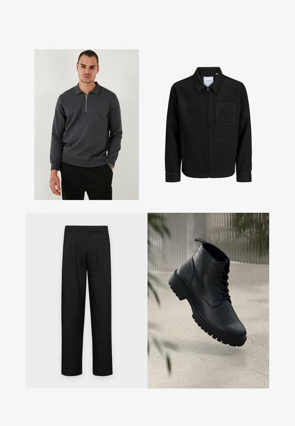 Sort lynlåsjakke med krave og en enkelt brystlomme, vist på hvid baggrund.; Mørkegrå quarter-zip pullover lavet af glat bomuldsblandet stof. Har en krave og ribbede mansjetter, med en afslappet pasform og minimalt design.; Sorte bukser lavet af glat stof, med et lige ben-design, to frontfolder og en standard talje med bæltestropper.; Sorte læder ankelstøvler med rund tå, snørebåndsdesign og robust gummisål. Glat tekstur med en løkke bagpå.