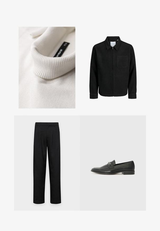 Chaqueta negra con cremallera y cuello, con un solo bolsillo en el pecho, expuesta sobre un fondo blanco.; Suéter de cuello alto blanco, acanalado, en una vista en primer plano que destaca su textura y los detalles del pliegue del cuello.; Pantalones negros de tela suave, con un diseño de pierna recta, dos pliegues frontales y una cintura estándar con trabillas para el cinturón.; Mocasín de cuero negro con un acabado suave, que cuenta con un diseño de costura y un acento decorativo de cadena de metal en el empeine. Tacón plano.