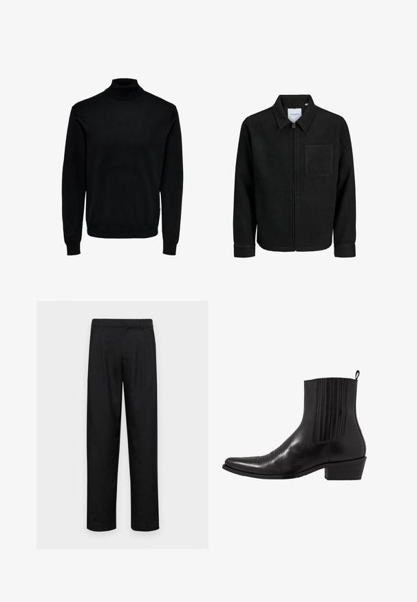 Juodas džemperis su užtrauktuku, apykakle ir vienu krūtiniu kišenėje, pristatytas baltame fone.; Juodas golfas, pagamintas iš minkštos medžiagos, turi ilgus rankogalius, ribotą rankogalių ir apačios dizainą, prigludusį kaklo dizainą ir lygų paviršių.; Juodi kelnių modeliai, pagaminti iš lygios medžiagos, turi tiesią kojas, du priekiniai klostės ir standartinę juosmenį su diržo kilpomis.; Juodas odinis kulkšninis botas su smailiu pirštu, elastingomis šoninėmis dalimis, vertikaliu siuvinėjimu ir žemu stačiakampiu kulnu.
