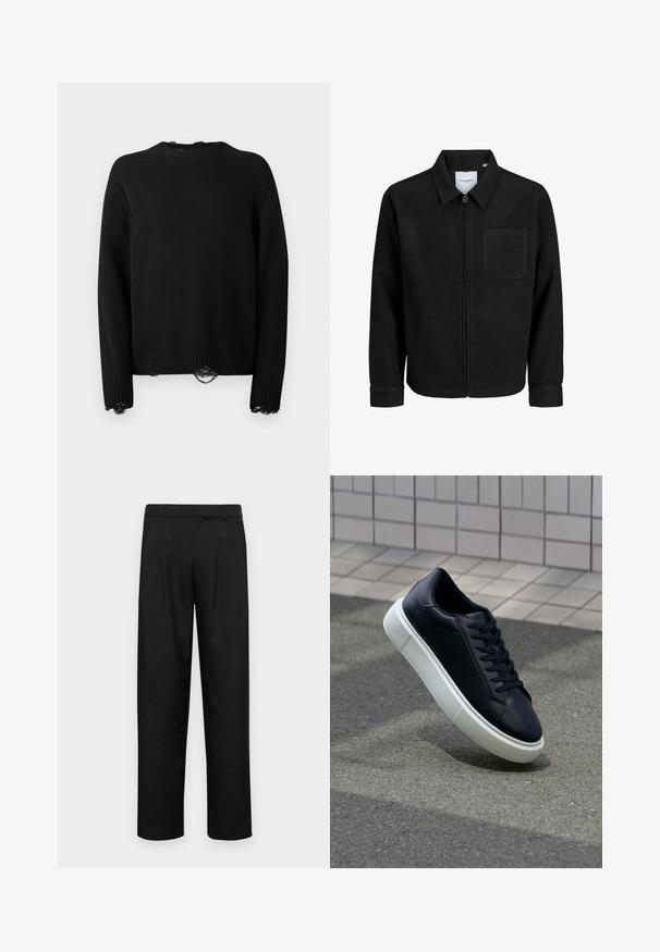 Černá zipová bunda s límečkem a jednou kapsou na hrudi, vystavená na bílém pozadí.; Černý pletený svetr s kulatým výstřihem, dlouhými rukávy a krajkovými detaily na lemu a manžetách. Obsahuje žebrovanou texturu po celé ploše.; Černé kalhoty vyrobené z hladké látky, s rovnou nohavicí, dvěma předními sklady a standardním pasem se poutky na opasek.; Černé kožené tenisky s kulatou špičkou a bílou gumovou podrážkou. mají ploché tkaničky a minimální šití na svršku. Texturovaná podrážka pro lepší přilnavost.