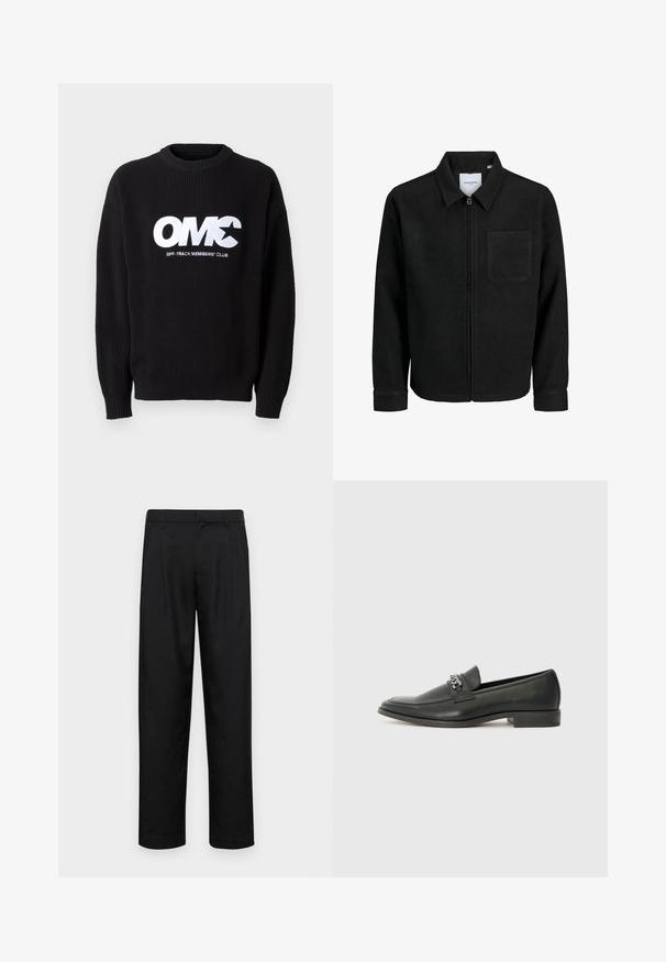Black zip-up jacket with collar and single chest pocket, displayed on white background.; Black ribbed knit sweater with a crew neckline, featuring prominent white embroidered text "OMC" and "OFF-TRACK MEMBERS' CLUB" on the front.; Black trousers made of smooth fabric, featuring a straight-leg design, two front pleats, and standard waistband with belt loops.; Black leather loafer with a smooth finish, featuring a stitched design and a decorative metal chain accent across the vamp. Flat heel.