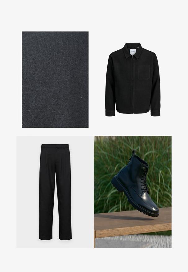Čierna zipsová bunda s golierom a jednou náprsníkou, vystavená na bielom pozadí.; Čierna bavlnená tkanina s hladkou textúrou, s jednotným pleteným vzorom a bez viditeľných ozdôb alebo kovových detailov.; Čierne nohavice vyrobené z hladkej tkaniny, s rovnými nohavicami, dvoma prednými skladmi a štandardným pásom s pútkami na opasok.; Čierna kožená členková čižma s šnúrkami, okrúhlou špičkou, textúrovanou podrážkou a kovovými očkami. Položená na drevenom povrchu s trávnatým pozadím.