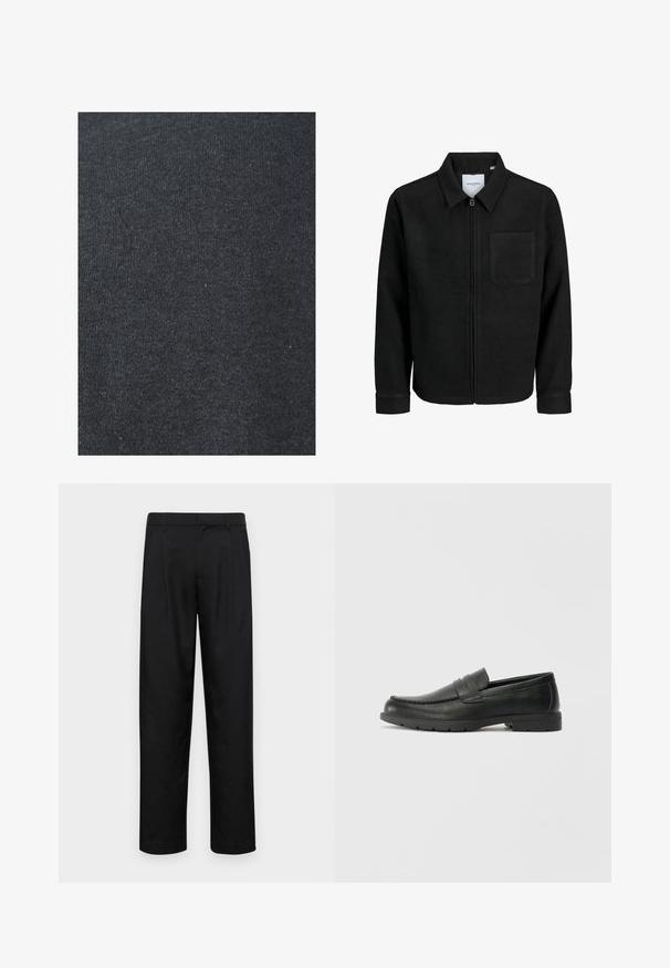 Schwarze Zip-Jacke mit Kragen und einer einzelnen Brusttasche, auf weißem Hintergrund präsentiert.; Schwarzer Baumwollstoff mit glatter Textur, der ein einheitliches Strickmuster aufweist und keine sichtbaren Verzierungen oder Hardware-Details hat.; Schwarze Hose aus glattem Stoff, mit geradem Bein Design, zwei vorderen Falten und einem Standardbund mit Gürtelschlaufen.; Schwarze Lederloafers mit glatter Oberfläche, Mokassin-oberteil, genähten Details und Gummisohle. Klassisches Design mit niedrigem Absatz.