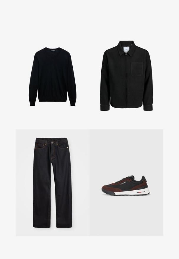 Schwarze Zip-Jacke mit Kragen und einer einzelnen Brusttasche, auf weißem Hintergrund präsentiert.; Schwarzer, langärmeliger V-Ausschnitt-Pullover mit gerippten Bündchen und Saum, auf einem weißen Hintergrund präsentiert.; Herren gerade geschnittene schwarze Jeans aus Denim mit fünf Taschen und orangefarbenen Nähten, Knopf- und Reißverschluss vorne am Bund.; Tommy Hilfiger RETRO RUNNER MIX - Sneaker low - black/cocoa