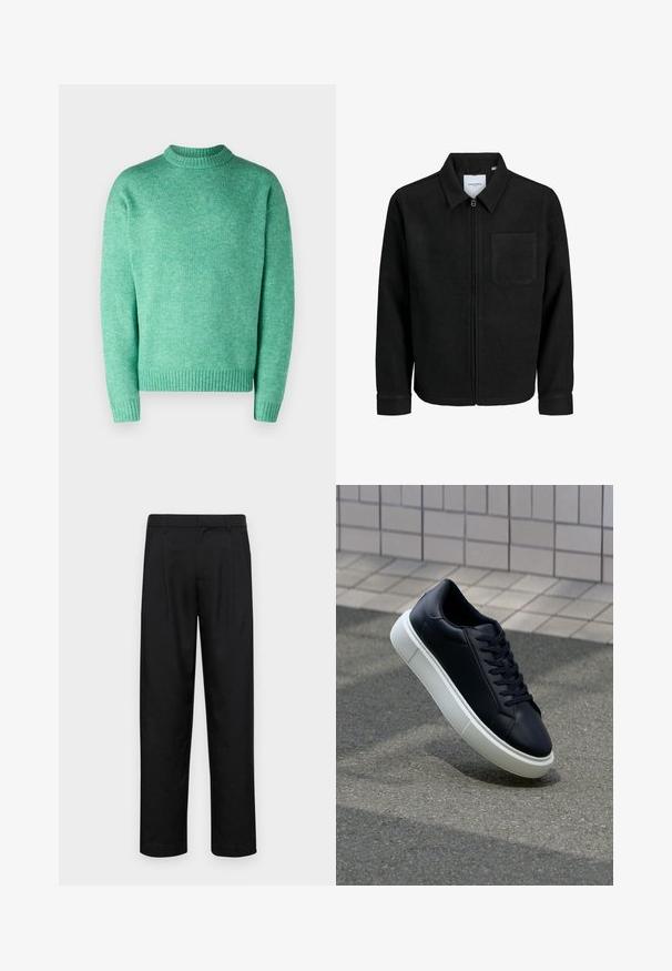 Juodas džemperis su užtrauktuku, apykakle ir vienu krūtiniu kišenėje, pristatytas baltame fone.; Jack & Jones JOROLLIE CREW NECK - Džemperis - holly green; Juodi kelnių modeliai, pagaminti iš lygios medžiagos, turi tiesią kojas, du priekiniai klostės ir standartinę juosmenį su diržo kilpomis.; Juodas odinis sportbačius su apvaliu pirštu ir baltu gumuotu padu. Turi plokščias raišteles ir minimalų siuvimą viršuje. Padangos tekstūra užtikrina sukibimą.