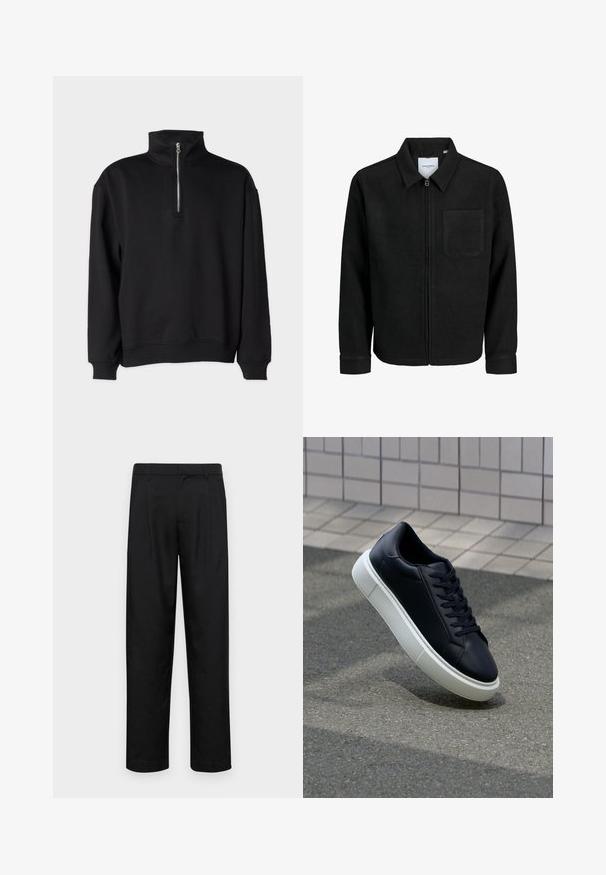 Giacca nera con zip, colletto e una tasca sul petto, mostrata su sfondo bianco.; Felpa nera con colletto alto, dotata di chiusura a mezza zip, maniche lunghe e polsini e orlo a coste. Tessuto morbido.; Pantaloni neri realizzati in tessuto liscio, caratterizzati da un taglio dritto, due pieghe frontali e una vita standard con passanti per la cintura.; Sneaker in pelle nera con punta arrotondata e suola in gomma bianca. Presenta lacci piatti e cuciture minime sulla parte superiore. Suola testurizzata per una migliore aderenza.
