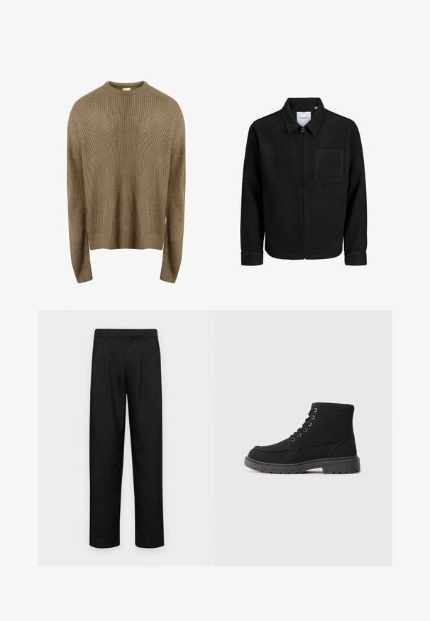 Schwarze Zip-Jacke mit Kragen und einer einzelnen Brusttasche, auf weißem Hintergrund präsentiert.; Redefined Rebel MILTON BOXY FIT - Strickpullover - sand; Schwarze Hose aus glattem Stoff, mit geradem Bein Design, zwei vorderen Falten und einem Standardbund mit Gürtelschlaufen.; Schwarze Knöchelstiefel aus strukturiertem Material mit flacher Sohle, runder Zehenform und Schnürung mit sechs Ösen. Verstärkte Nähte entlang des Randes.