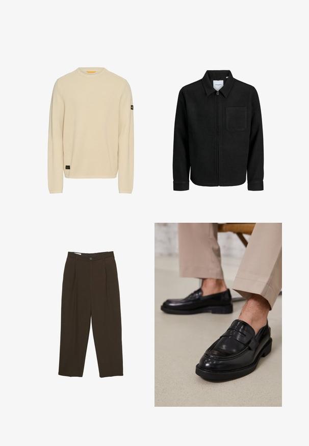 Zwarte zip-up jas met kraag en enkele borstzak, weergegeven op een witte achtergrond.; Lichtbeige gebreide trui met lange mouwen, ronde hals, gestructureerde stof en een klein zwart logo-opdruk op de linkermouw.; Donkere bruine op maat gemaakte broeken met voorplooien, riemlussen en een knoopsluiting in de taille.; Zwarte leren loafers met een gladde afwerking, voorzien van een decoratieve band en contrasterende stiksels, gecombineerd met beige broeken.