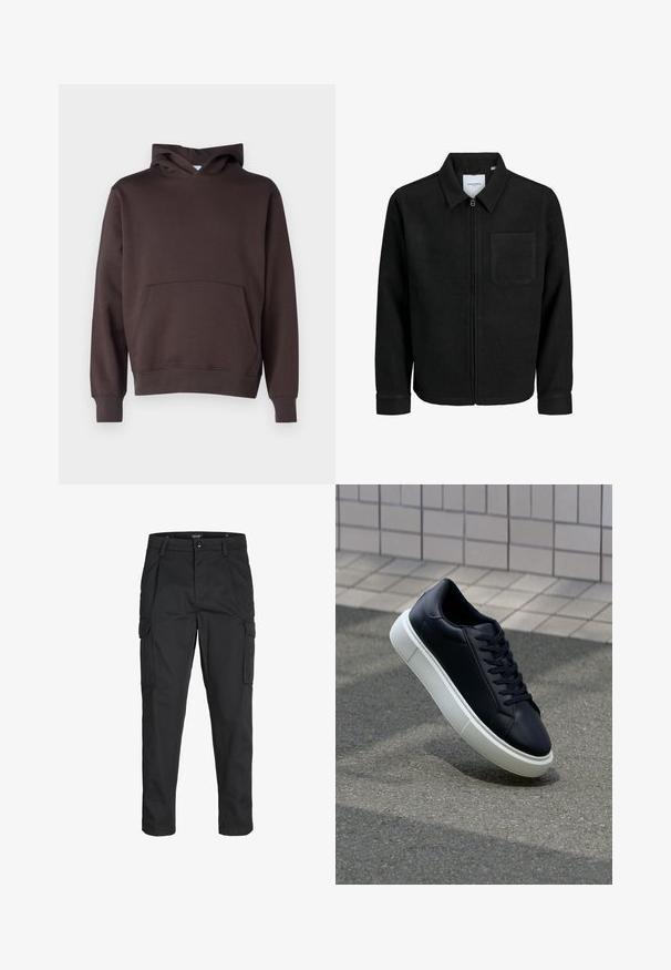 Black zip-up jacket with collar and single chest pocket, displayed on white background.; Brown hooded sweatshirt made of soft fabric, featuring a front pocket, ribbed cuffs, and hem, with a classic a-line shape.; Black cargo pants made of sturdy fabric, featuring multiple pockets, a button closure, and a slim fit design with tapered legs.; Black leather sneaker with rounded toe and white rubber sole. Features flat laces and minimal stitching on the upper. Textured sole for grip.