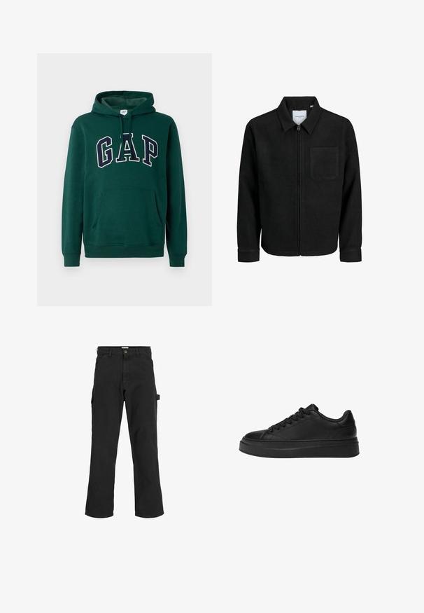 Čierna zipsová bunda s golierom a jednou náprsníkou, vystavená na bielom pozadí.; Zelená mikina z bavlnenej zmesi, s klokankou, kapucňou so sťahovacou šnúrkou a veľkým logom "GAP" v bielej a námorníckej farbe.; Čierne cargo nohavice z bavlnenej zmesi. Majú široké nohy, predné šikmé vrecká a bočné vrecko s očkom na doplnky.; Čierne tenisky vyrobené z hladkej kože, s okrúhlou špičkou, hrubou platformovou podrážkou a tradičným šnurovaním so šiestimi očkami.