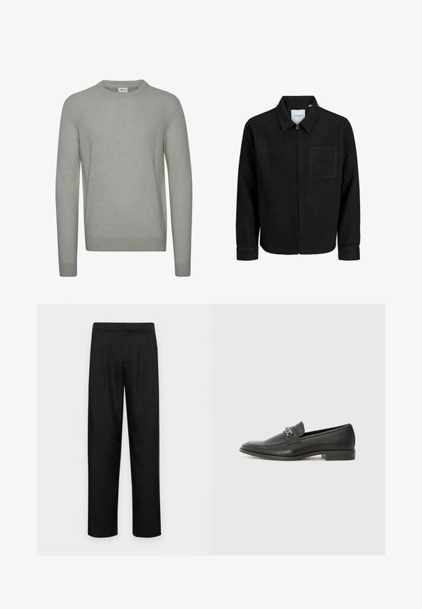 Crna jakna na zip s ovratnikom i jednim džepom na prsima, prikazana na bijeloj pozadini.; Svijetlosiva pletiva "sweater" izrađena od pletivnog materijala, sa okruglim izrezom, dugim rukavima i rebrastim manžetama i donjim rubom. Jednostavan, jednobojan dizajn.; Crne hlače od glatkog materijala, s dizajnom ravnih nogavica, dva prednja nabora i standardnim pojasom s petljama za remen.; Crna kožna loafer cipela s glatkom finišem, s ušivenim uzorkom i dekorativnim metalnim lancem preko prednjeg dijela. Ravni potplat.