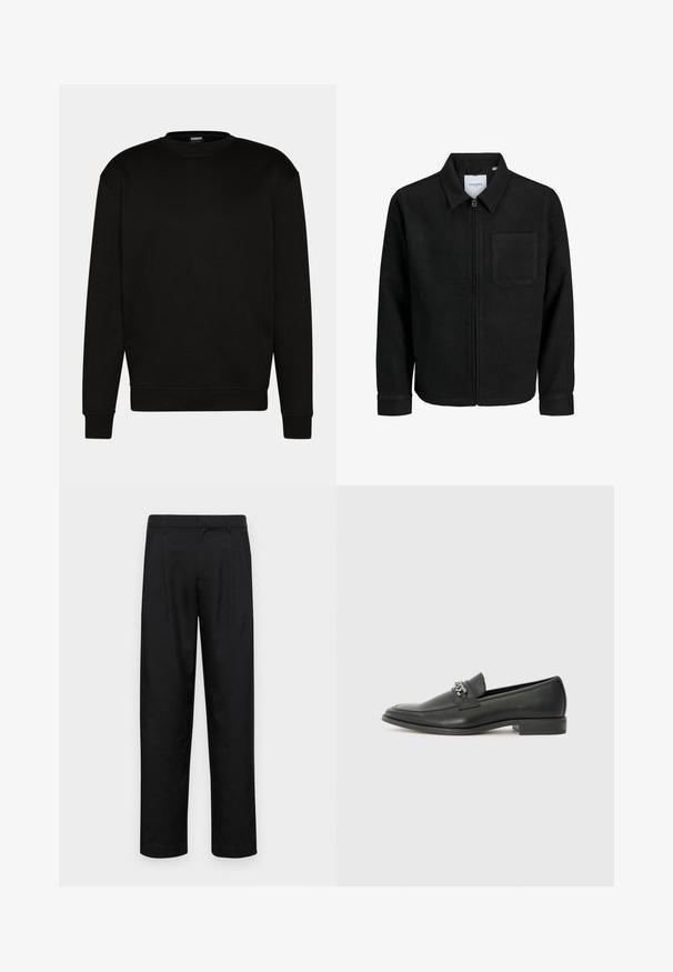Zwarte zip-up jas met kraag en enkele borstzak, weergegeven op een witte achtergrond.; Zwarte sweatshirt met een ronde hals, lange mouwen en geribbelde manchetten. Gemaakt van zachte stof, met een eenvoudig, schoon ontwerp zonder patronen.; Zwarte broeken van gladde stof, met een recht model, twee voorknikken en een standaard tailleband met riemlussen.; Zwarte leren instapper met een gladde afwerking, voorzien van een gestikt ontwerp en een decoratieve metalen kettingaccent over de wreef. Platte hak.