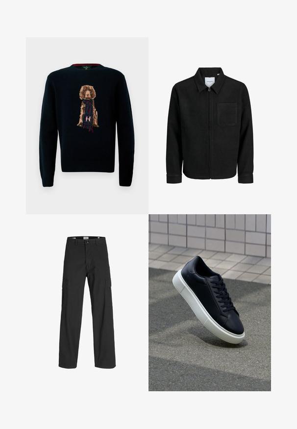 Crna jakna na zip s ovratnikom i jednim džepom na prsima, prikazana na bijeloj pozadini.; Mornaricno plavi pleteni pulover s detaljnim dizajnom psa koji nosi šal. Mekana tekstura, okrugli izrez i rebrasti manžeti i donji rub.; Crne cargo hlače s širokim krojem, napravljene od pamuka. Imaju dva bočna džepa i kopčanje na gumb, dizajnirane za funkcionalnost i udobnost.; Crne kožne tenisice s zaobljenim vrhom i bijelim gumiranim potplatom. Imaju ravne vezice i minimalno šivanje na gornjem dijelu. Teksturirani potplat za bolje prianjanje.