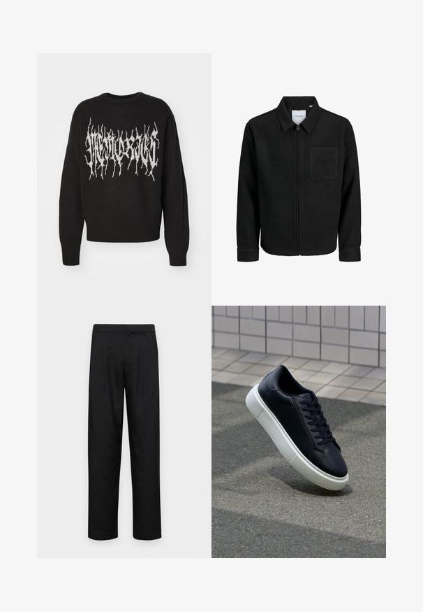 Crna jakna na zip s ovratnikom i jednim džepom na prsima, prikazana na bijeloj pozadini.; Crni pleteni pulover s bijelim grafičkim dizajnom oštrih zupcima preko prsnog dijela. Okrugli izrez i rebrasti manžeti.; Crne hlače od glatkog materijala, s dizajnom ravnih nogavica, dva prednja nabora i standardnim pojasom s petljama za remen.; Crne kožne tenisice s zaobljenim vrhom i bijelim gumiranim potplatom. Imaju ravne vezice i minimalno šivanje na gornjem dijelu. Teksturirani potplat za bolje prianjanje.