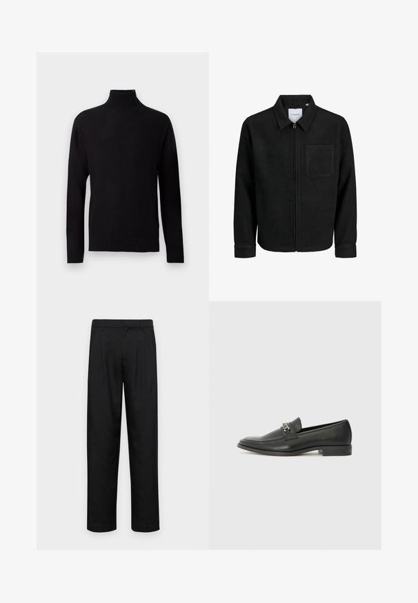 Veste zippée noire avec col et poche poitrine unique, présentée sur fond blanc.; Pull en tricot côtelé noir avec col roulé, à manches longues et coupe ajustée, présenté sur fond blanc.; Pantalons noirs en tissu lisse, avec une coupe droite, deux plis avant et une taille standard avec passants de ceinture.; Mocassin en cuir noir avec une finition lisse, présentant un design cousu et une accent décoratif en chaîne métallique sur le rand. Talon plat.