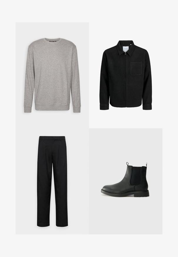 Veste zippée noire avec col et poche poitrine unique, présentée sur fond blanc.; Sweat à capuche gris clair avec des manches longues, col ras du cou, poignets et ourlet en bord-côte. Il arbore un logo subtil sur la zone supérieure gauche de la poitrine.; Pantalons noirs en tissu lisse, avec une coupe droite, deux plis avant et une taille standard avec passants de ceinture.; Bottines Chelsea en cuir noir avec des panneaux élastiques sur les côtés, des languettes de tirage, un bout arrondi et une semelle en caoutchouc texturée. Surface lisse et design robuste.