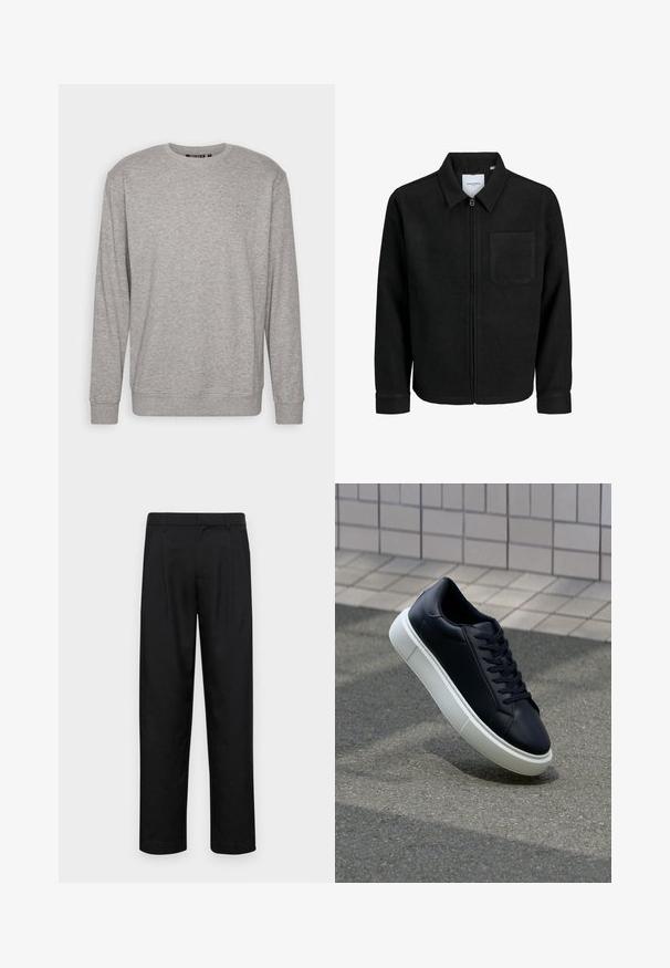 Zwarte zip-up jas met kraag en enkele borstzak, weergegeven op een witte achtergrond.; Lichtgrijze sweatshirt met lange mouwen, ronde hals, ribgebreide manchetten en onderrand. Bevat een subtiel logo op de bovenste linkerkant van de borst.; Zwarte broeken van gladde stof, met een recht model, twee voorknikken en een standaard tailleband met riemlussen.; Zwarte leren sneaker met een ronde neus en een witte rubberen zool. Voorzien van platte veters en minimale stiksels op het bovenwerk. Textuurrijke zool voor grip.