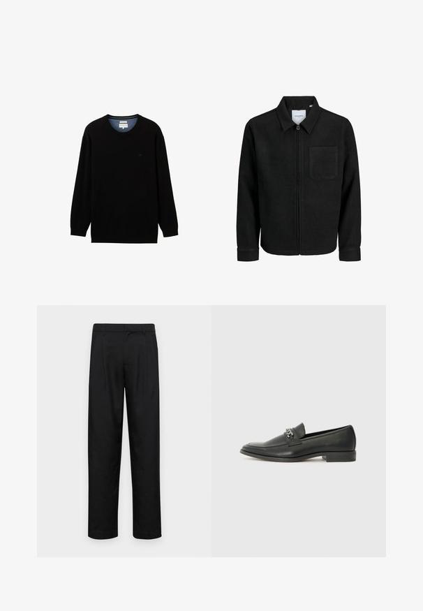 Fekete, zipzáros dzseki gallérral és egyetlen mellzsebbel, fehér háttéren.; Fekete, hosszú ujjú pulóver bordás anyagból, kerek nyakkivágással. Diszkrét logóval rendelkezik a mellkason és kontrasztos belső gallérral.; Fekete nadrág sima anyagból, egyenes szárú fazonnal, két elülső redővel és közönséges derékkal, övhurkokkal.; Fekete bőr loaferek sima felülettel, varrott mintával és díszítő fém lánccal a cipő elején. Lapos sarok.