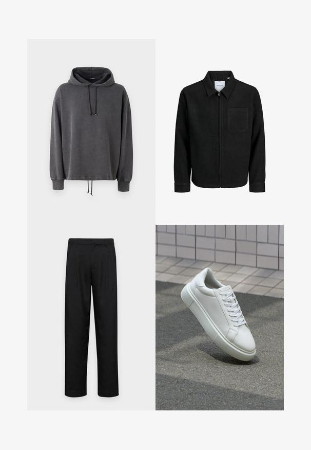 Juodas džemperis su užtrauktuku, apykakle ir vienu krūtiniu kišenėje, pristatytas baltame fone.; Pilkas džemperis su švelnia medžiaga, turintis suveržiamą kapucę, ilgomis rankovėmis ir reguliuojamu apvadu su virvute. Lygi tekstūra ir laisvas siluetas.; Juodi kelnių modeliai, pagaminti iš lygios medžiagos, turi tiesią kojas, du priekiniai klostės ir standartinę juosmenį su diržo kilpomis.; Balti odiniai sportbačiai su lygiu paviršiumi, apvalia nosimi ir plokščiomis baltomis raištelėmis. Yra tekstūruotas gumos padas ir minimalizmas dizaino elementuose.