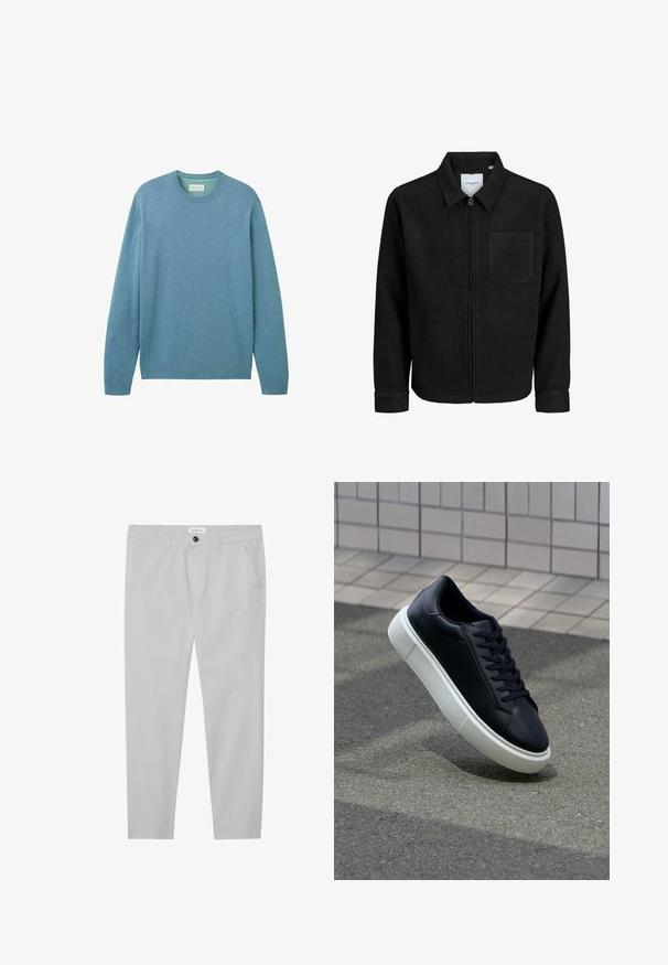 Musta vetoketjullinen takki, jossa on kaulus ja yksi rintatasku, esitelty valkoista taustaa vasten.; Vaaleansininen neulepaita, joka on valmistettu pehmeästä kankaasta. Siinä on pitkät hihat ja pyöreä kaula-aukko. Ribbauskummit ja helma tuovat tekstuuria. Ei näkyviä kuvioita.; Vaaleanharmaat housut, jotka on valmistettu pehmeästä kankaasta. Housuissa on slim fit -malli, kaksi etutaskua, nappimallinen sulku ja hienovarainen tekstuuridetali.; Mustat nahkakengät, joissa on pyöristetty kärki ja valkoinen kumipohja. Varusteena litteät nauhat ja minimaalinen ommel ylhäällä. Teksturoitu pohja pitävyyden lisäämiseksi.