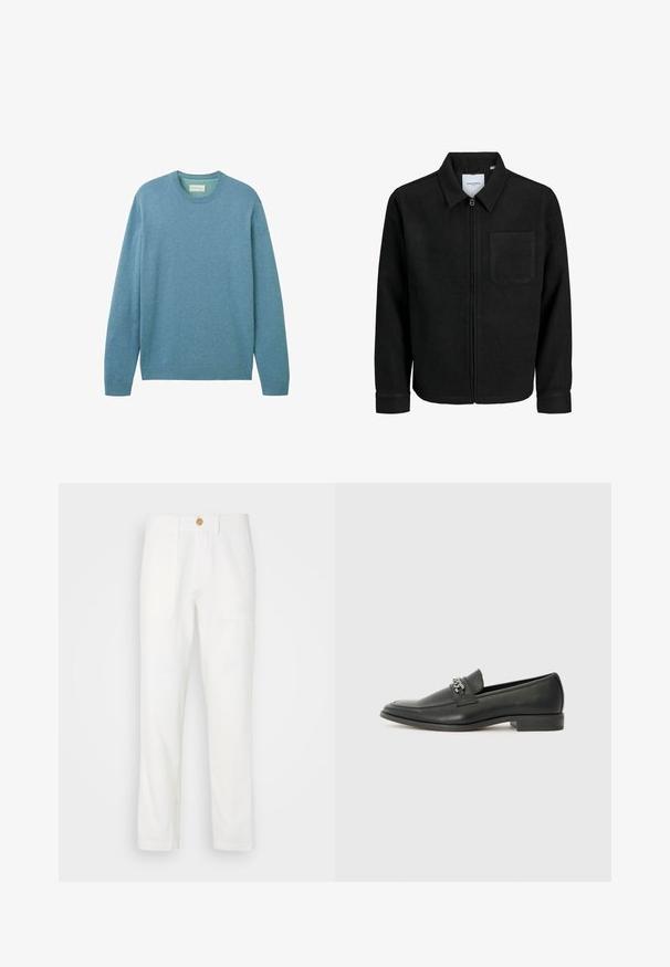 Chaqueta negra con cremallera y cuello, con un solo bolsillo en el pecho, expuesta sobre un fondo blanco.; Suéter azul claro hecho de una tela suave, con mangas largas y cuello redondo. Los puños y el dobladillo acanalados añaden textura. Sin patrones visibles.; Pantalones de tela blanca con corte recto, que presentan dos bolsillos frontales y un cierre de botón. Textura suave y diseño limpio.; Mocasín de cuero negro con un acabado suave, que cuenta con un diseño de costura y un acento decorativo de cadena de metal en el empeine. Tacón plano.