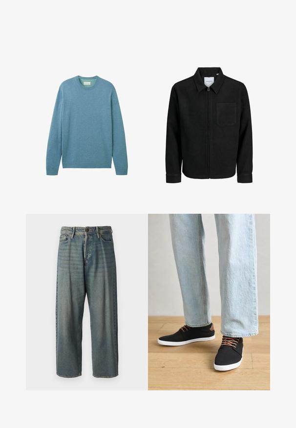 Juodas džemperis su užtrauktuku, apykakle ir vienu krūtiniu kišenėje, pristatytas baltame fone.; Šviesiai mėlynas megztinis iš minkštos medžiagos, turintis ilgomis rankovėmis ir apvaliu kaklu. Raibų atlankai ir apačia suteikia tekstūrą. Nėra matomų raštų.; Šviesiai mėlyni džinsai su laisvu siluetu, vidutinio aukščio juosmeniu ir tiesiomis kojomis. Su penkiais kišenėmis, diržo kilpo ir mygtukų uždarymu.; Juodi drobės sportbačiai su rudos spalvos akcentais, baltais gumos padu, rudi raišteliai, derinami su šviesiai mėlynomis tiesiomis džinsinėmis kelnėmis. Medinis grindų fonas.
